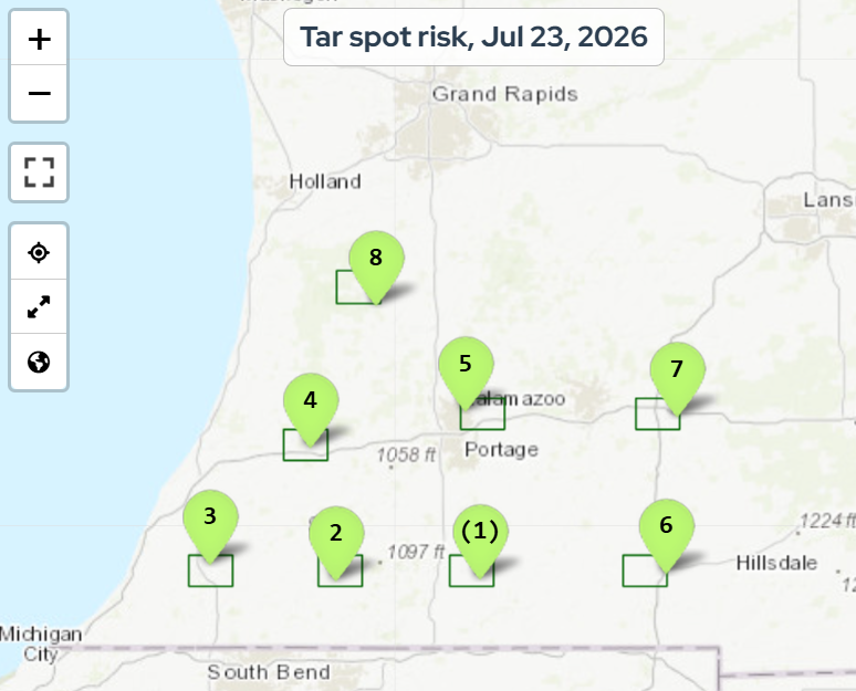 map of Tar spot risk as of 7-23